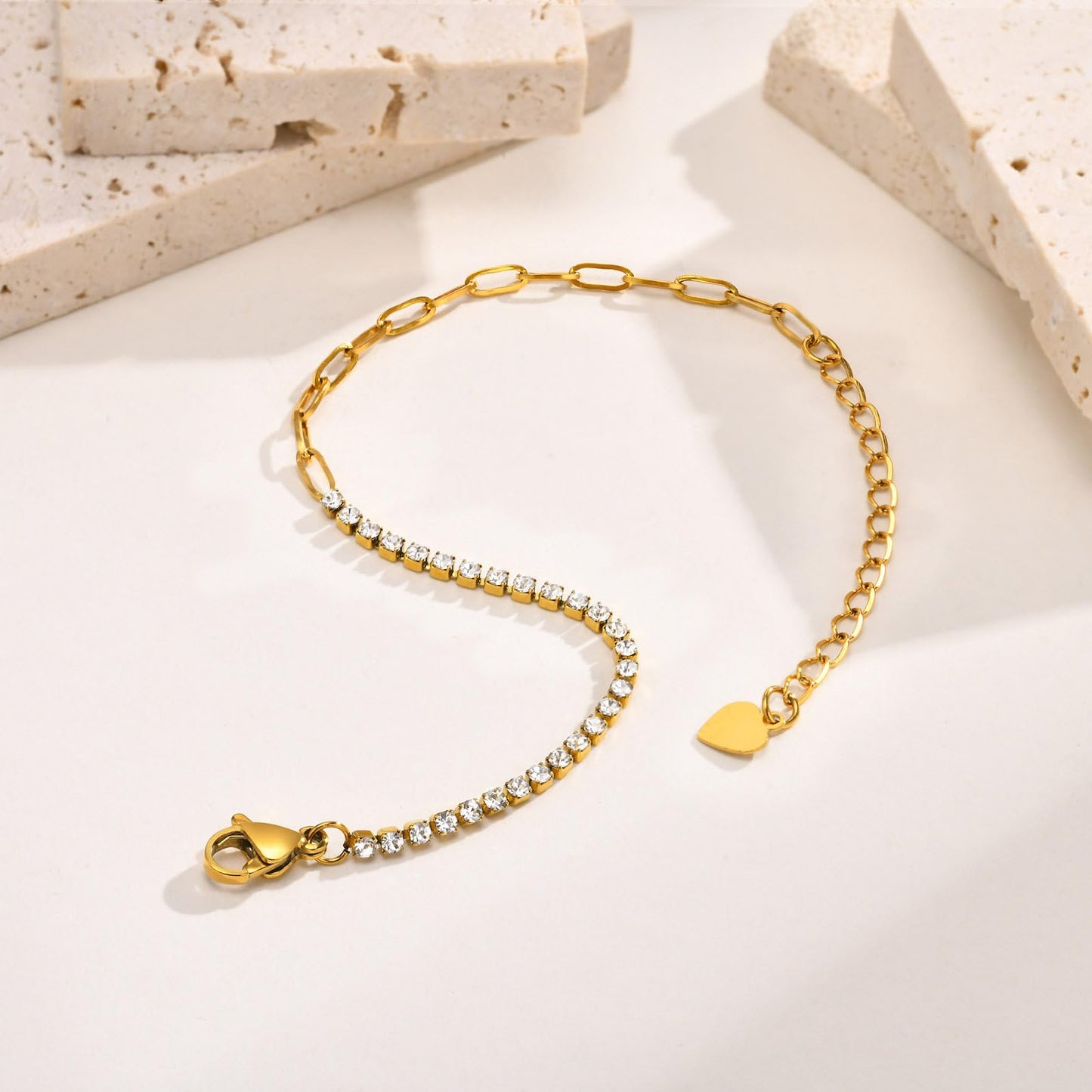 ブレスレット レディース ブランド ゴールド 小方形 正方形 ジルコニアチェーンブレスレット 心形ペンダント ステンレス 金属アレルギー対応 細い おしゃれ 恋人の日 誕生日 プレゼント