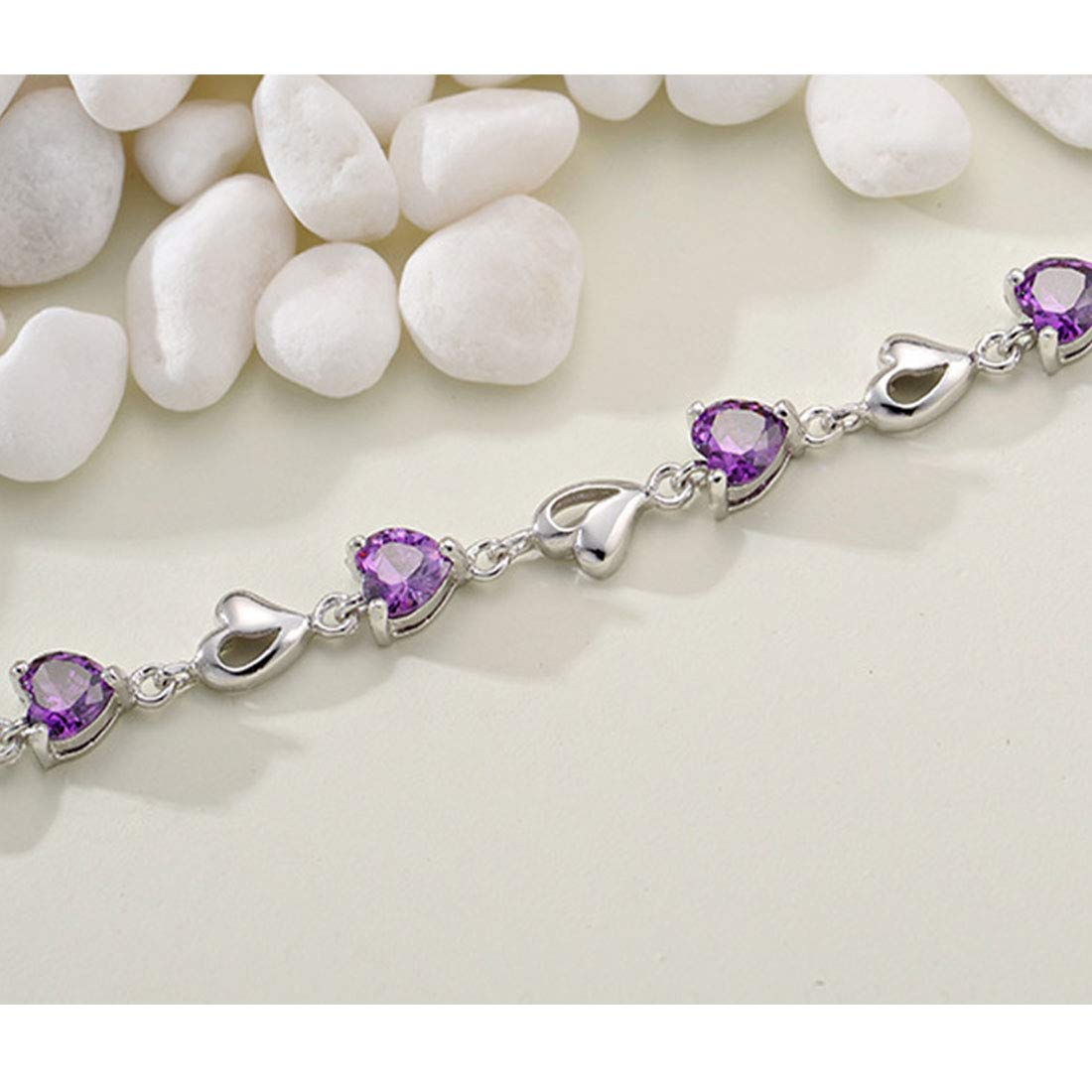 Rockyu ハートクリスタルブレスレット レディース – アレルギー対応 細身シルバーチェーン（全4色）