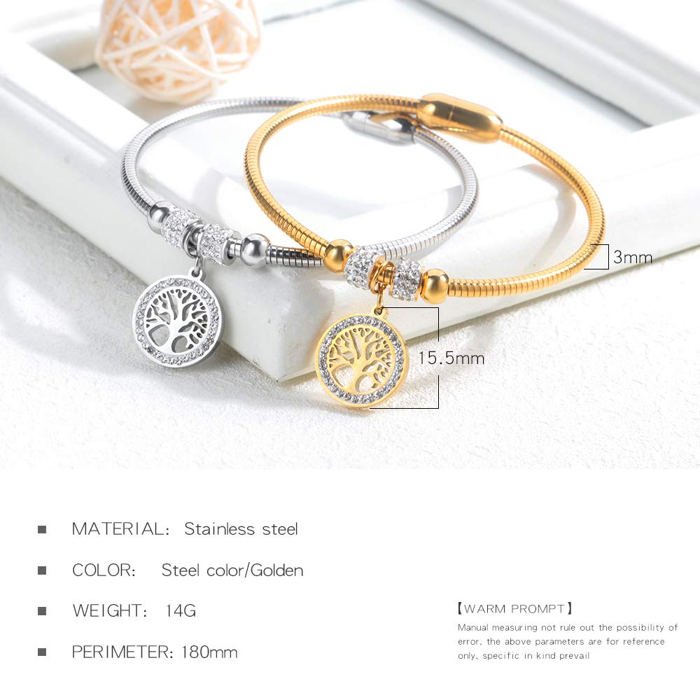 Rockyu ブレスレット レディース 18金メッキ ジルコニア 生命の樹 磁石型バングル 純チタン アレルギー対応