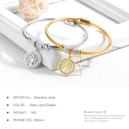 Rockyu ブレスレット レディース 18金メッキ ジルコニア 生命の樹 磁石型バングル 純チタン アレルギー対応