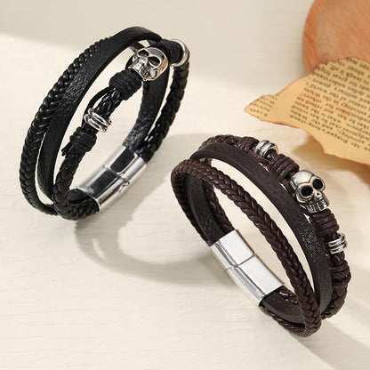 Rockyu ブレスレット メンズ レザー スカル パンク風 ダブルラップ マグネット留め具 シルバーアクセ