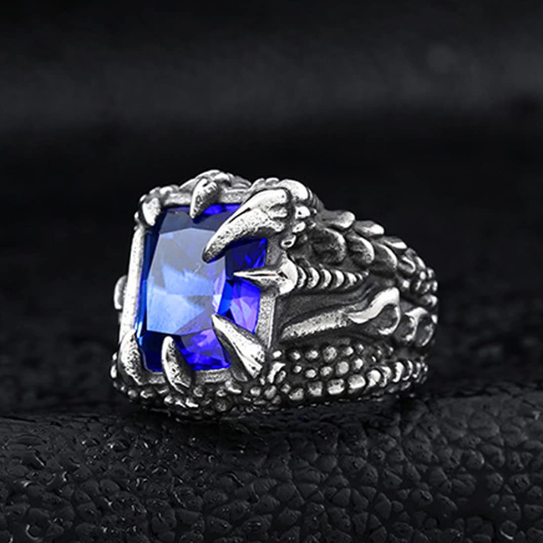 Rockyu ドラゴンクロウリング メンズ 大粒スクエア宝石 ステンレス製