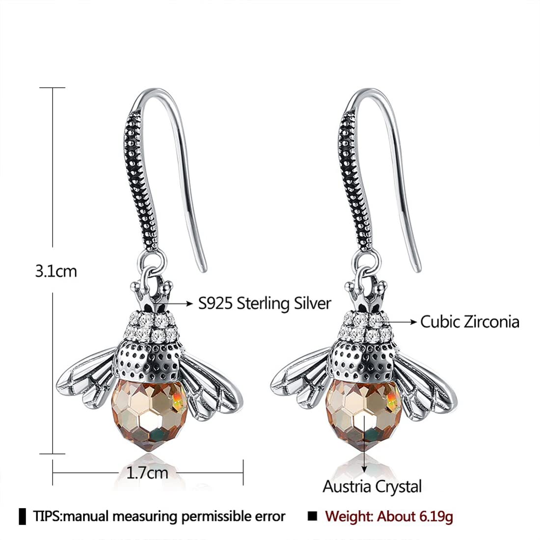 Rockyu ピアス レディース ミツバチ シルバー925 王冠デザイン オレンジクリスタル アレルギー対応