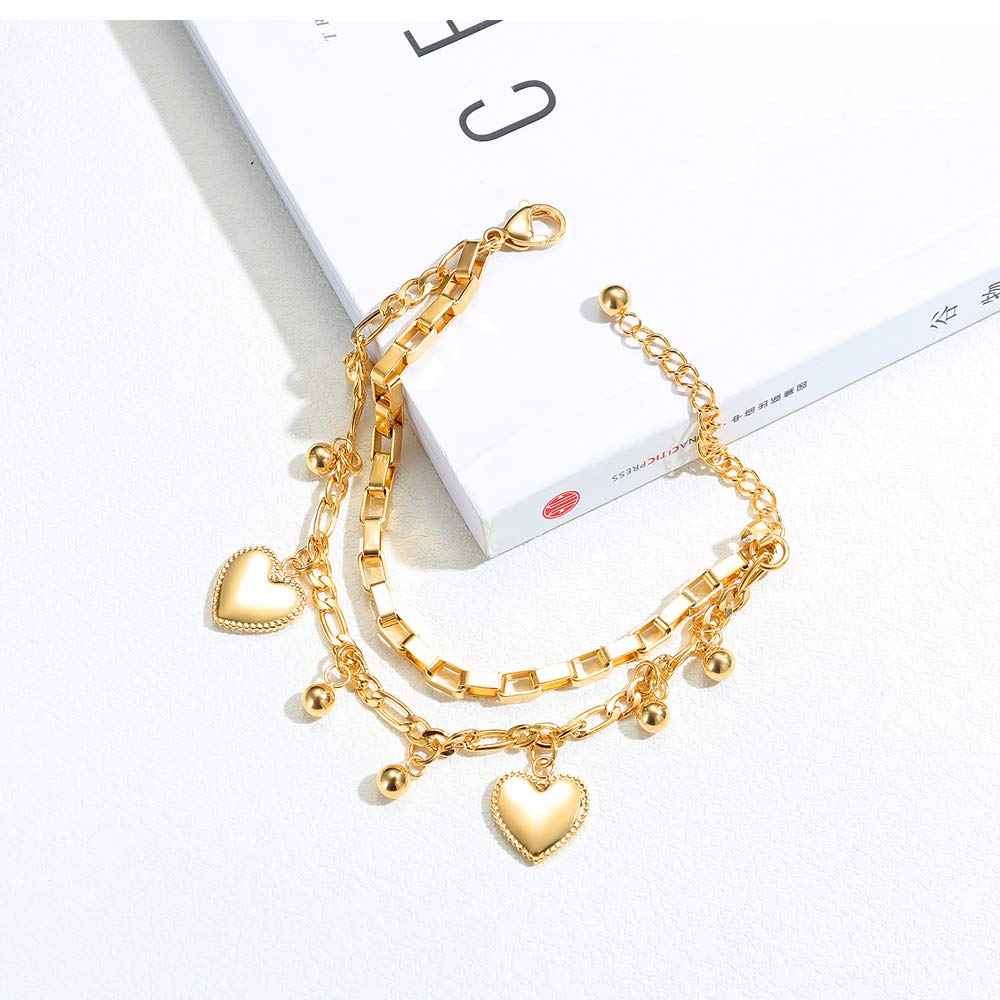 Rockyu ハートチャーム バングルブレスレット レディース ステンレスチェーン 3色展開