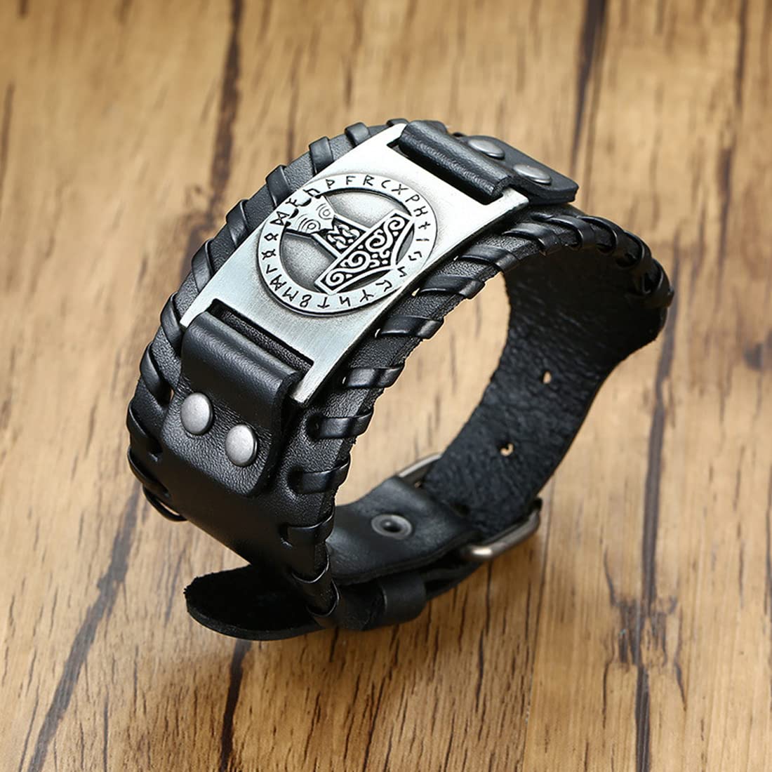 Rockyu ブレスレット メンズ レザー 幅広 ヴァイキング 雷神ハンマー記号 プレート ブラック＆ブラウン