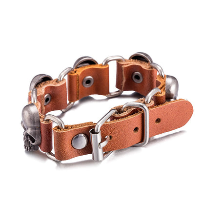 【13連スカルの主張】ドクロレザーブレスレット｜ブラック＆ブラウン パンクバングル