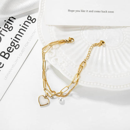 Rockyu ブレスレット レディース 二連チェーン ハート&パールモチーフ チタン製