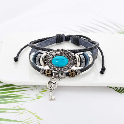 Rockyu ターコイズ キー チャーム付き レザーブレスレット メンズ レディース 調節可能