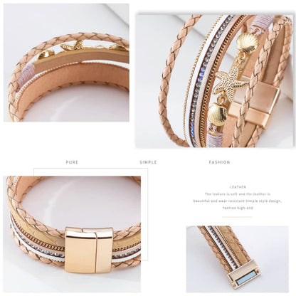 Rockyu ヒトデ＆貝殻モチーフ 多連レザーブレスレット レディース 夏 ハワイアン風