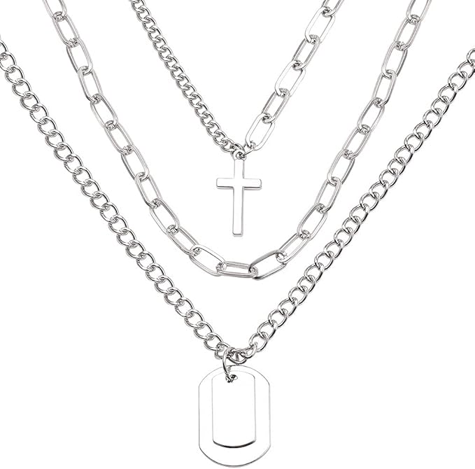 Rockyu レディース三連ネックレス クロスチャームとプレート付きチェーンペンダント