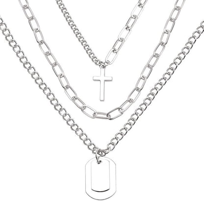 Rockyu レディース三連ネックレス クロスチャームとプレート付きチェーンペンダント