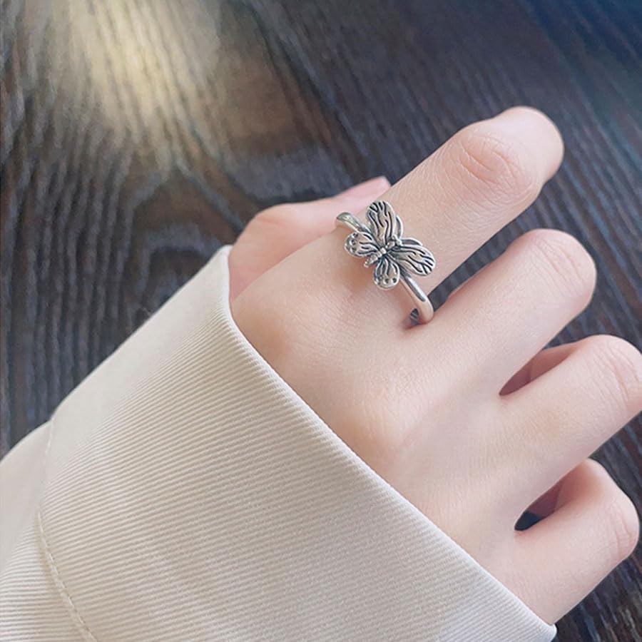 Rockyu 指輪 レディース フリーサイズ シルバー925 蝶々モチーフ リング 可愛い 調整可能 おしゃれ プレゼント