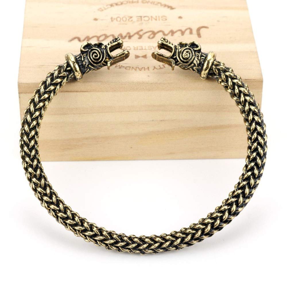 Rockyu 双頭竜ブレスレット メンズ 北欧風 ドラゴンバングル ステンレス製 金運＆魔除けアクセ