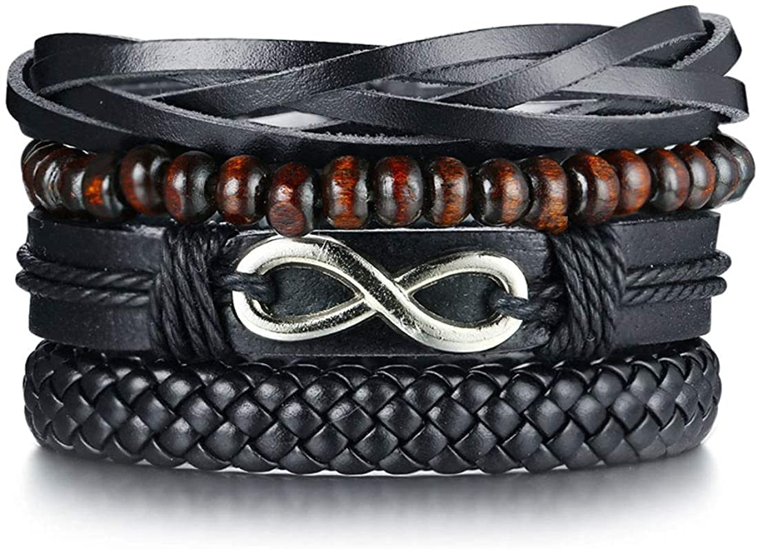Rockyu ブレスレット メンズ 多重巻き 無限大 インフィニティ PUレザー 木製ビーズ 編み込み 幅広バングル アジアンエスニック ファッションアクセサリー