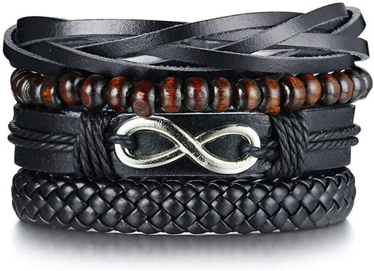 Rockyu ブレスレット メンズ 多重巻き 無限大 インフィニティ PUレザー 木製ビーズ 編み込み 幅広バングル アジアンエスニック ファッションアクセサリー