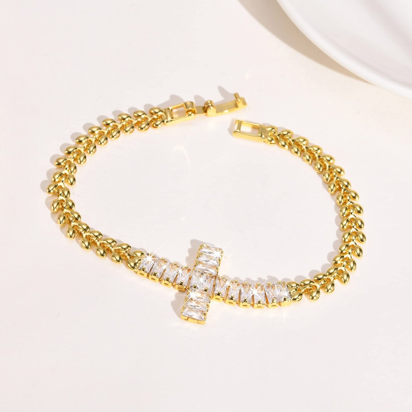 Rockyu レディース ブレスレット ゴールド クロスデザイン ジルコニア 金属アレルギー対応 記念日 プレゼント