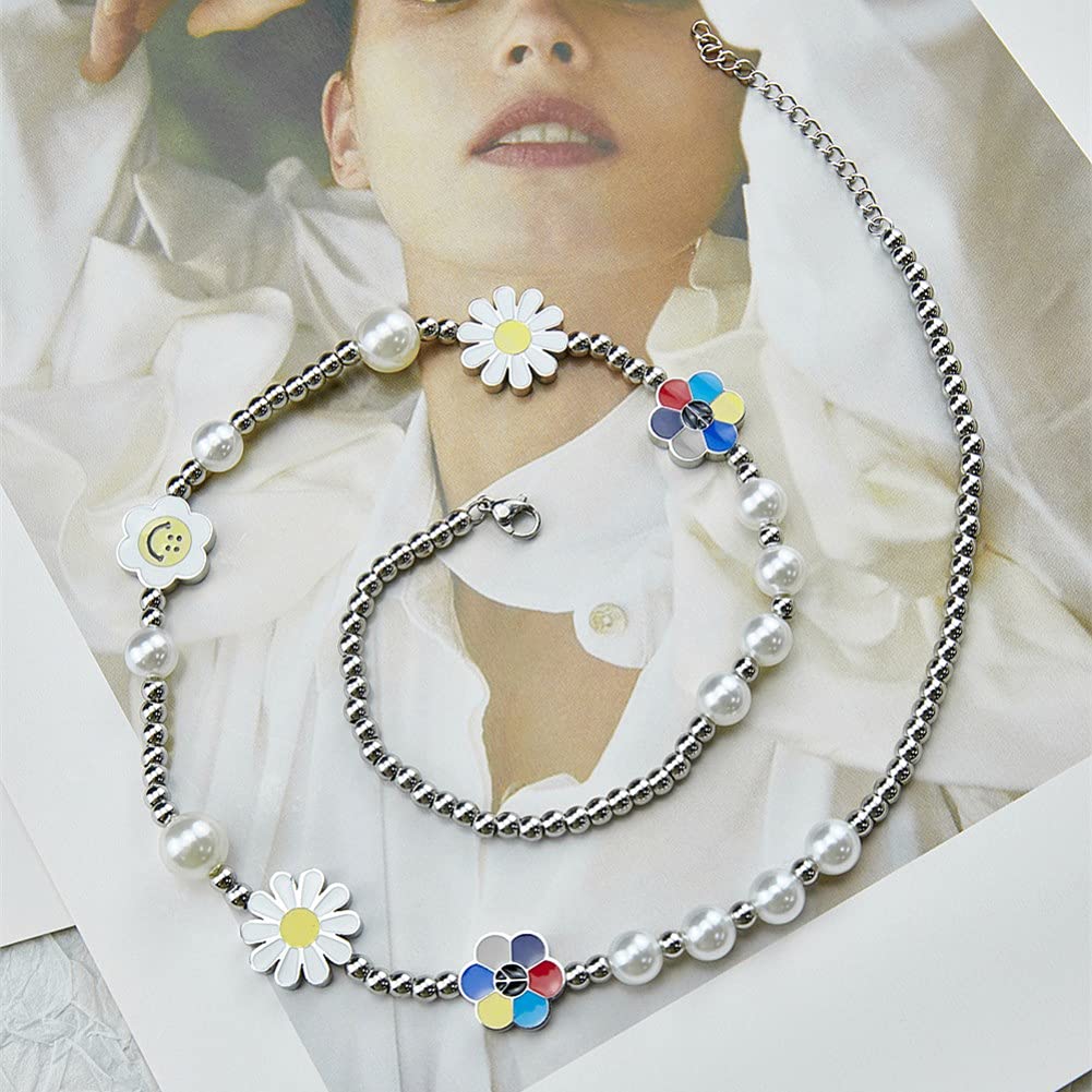 Rockyu ネックレス メンズ ホワイト｜スマイル×パール×花モチーフ 真珠風デザイン チタンチェーン