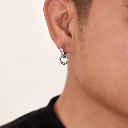 Rockyu ピアス メンズ ステンレス 六角形デザイン 彫刻入り 二重リング シルバー アレルギー対応