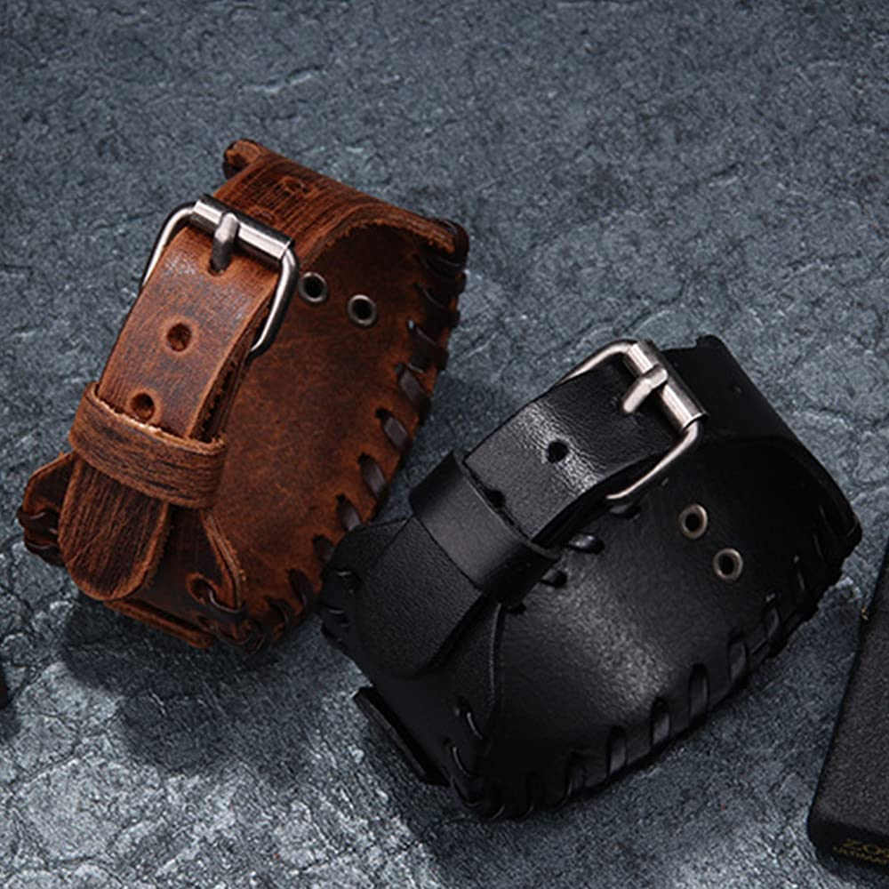 Rockyu 幅広レザーブレスレット メンズ 羅針盤プレート＆ルーン刻印 本革＆PU素材