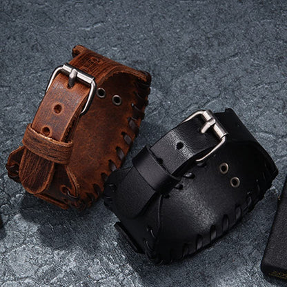 Rockyu 幅広レザーブレスレット メンズ 羅針盤プレート＆ルーン刻印 本革＆PU素材