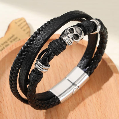 Rockyu ブレスレット メンズ レザー スカル パンク風 ダブルラップ マグネット留め具 シルバーアクセ