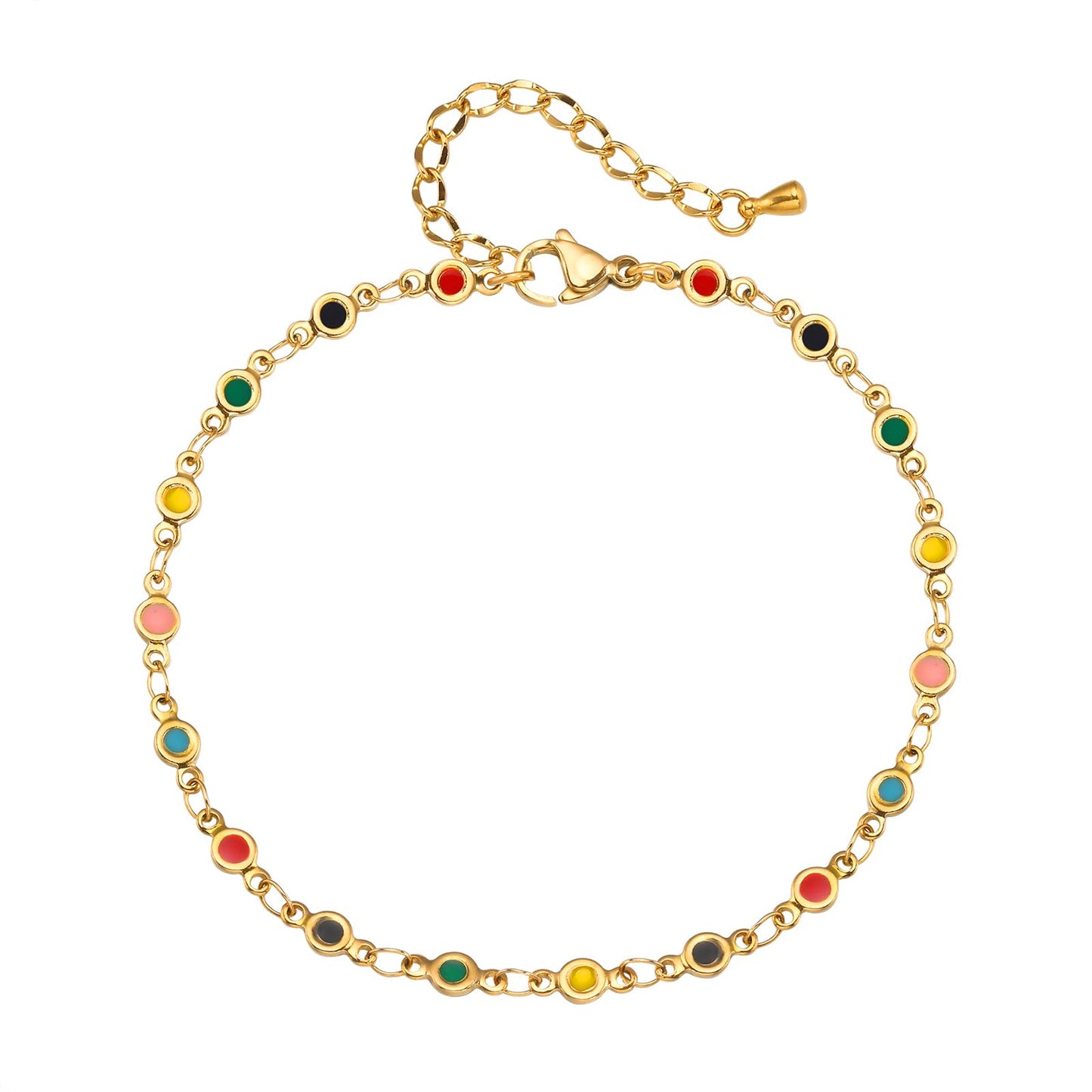 Rockyu アンクレット レディース ゴールド ステンレス製 カラフルエナメル サークルチャーム IPゴールドメッキ 夏 ビーチアクセサリー