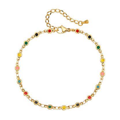 Rockyu アンクレット レディース ゴールド ステンレス製 カラフルエナメル サークルチャーム IPゴールドメッキ 夏 ビーチアクセサリー