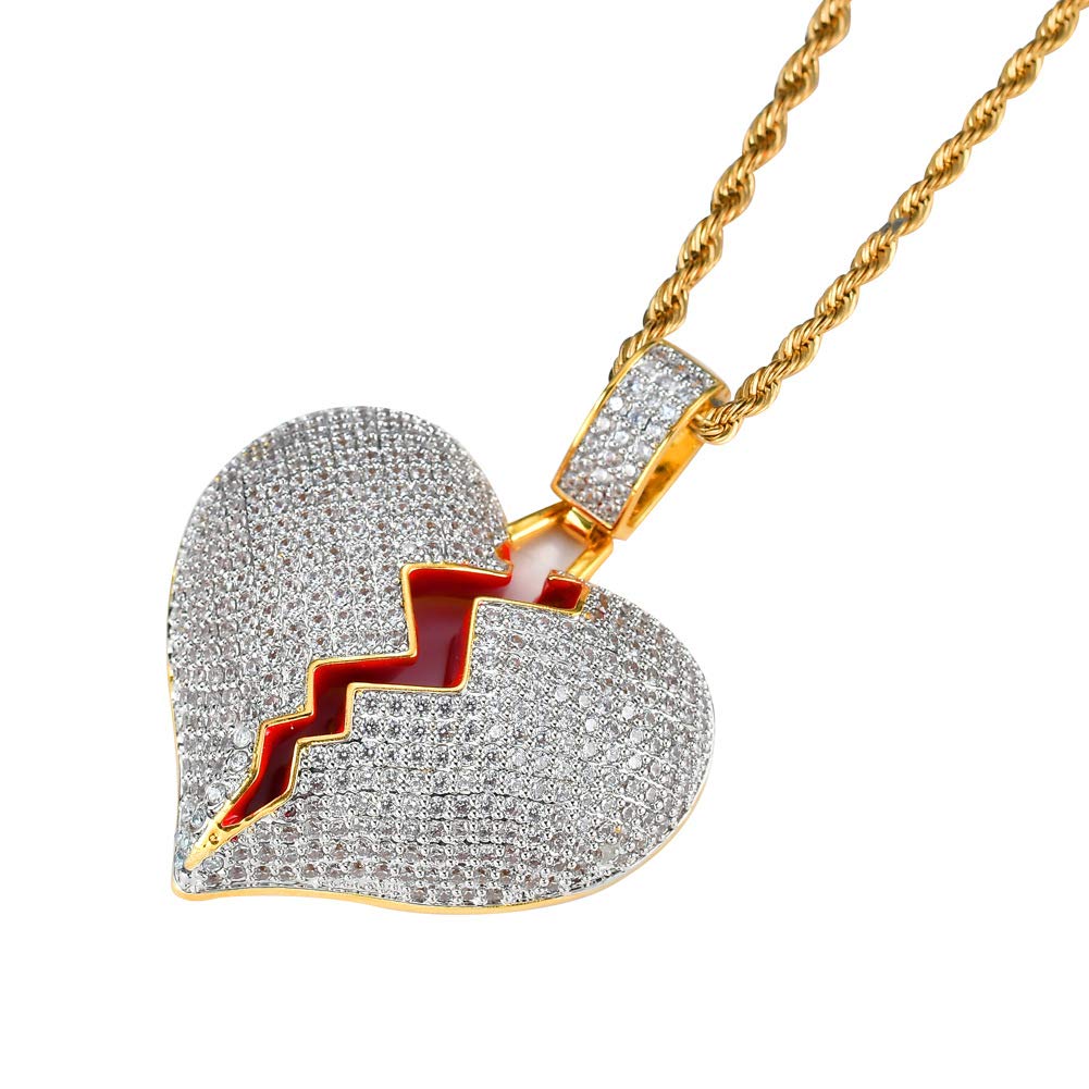 Rockyu ネックレス メンズ ハートブレイク ジルコニア シルバー ゴールド Hip Hop ペンダント