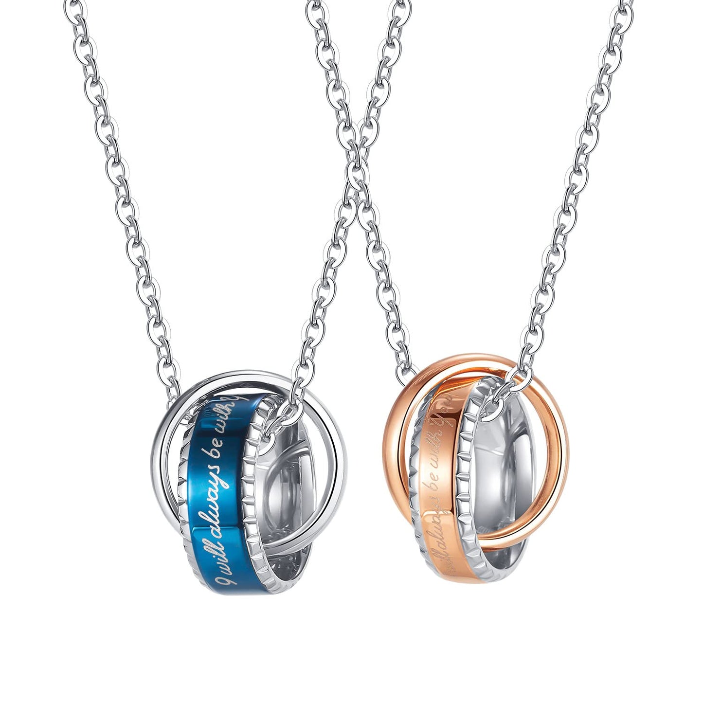 Rockyu ネックレス ペア ブルーシルバー＆ローズゴールド ダブルリングペンダント ステンレス製 記念日や誕生日ギフトに
