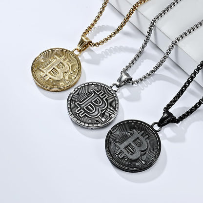 Rockyu メンズネックレス ステンレス かっこいい Bitcoinデジタル コインペンダント 18金メッキ お金ビット 記念ネックレス おしゃれ 男女兼用 ヒップホップ風 アクセサリー