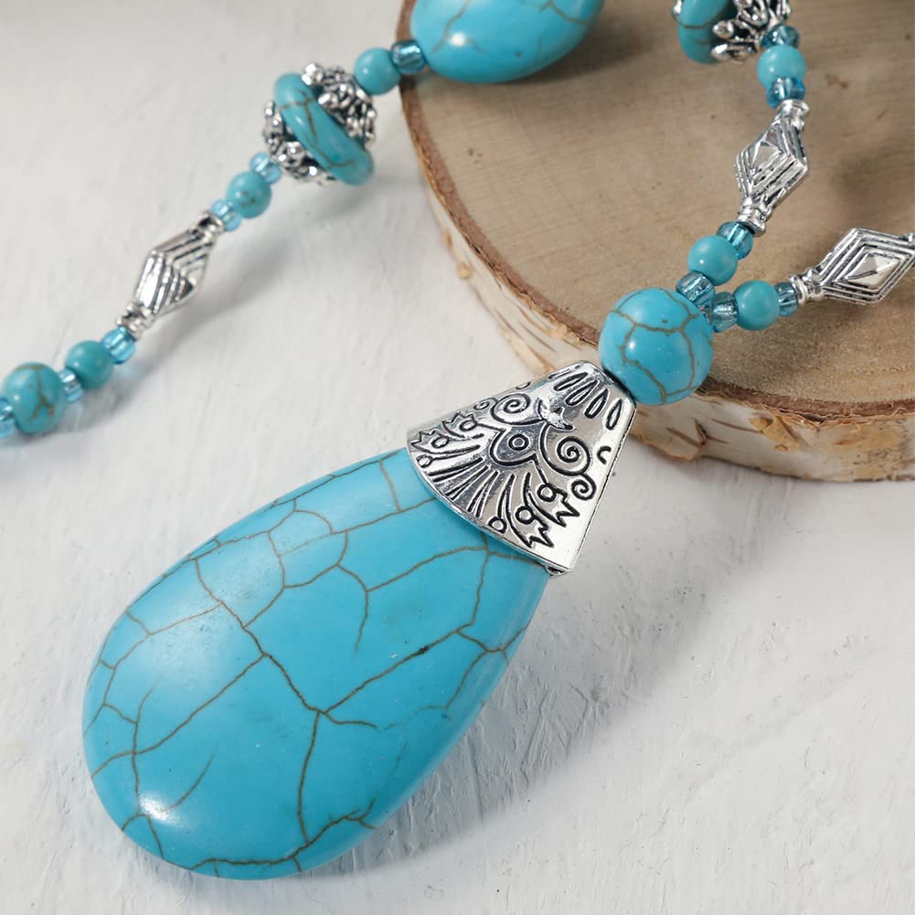 Rockyu ターコイズネックレス｜天然トルコ石×シルバー調ペンダント レディース・メンズ兼用