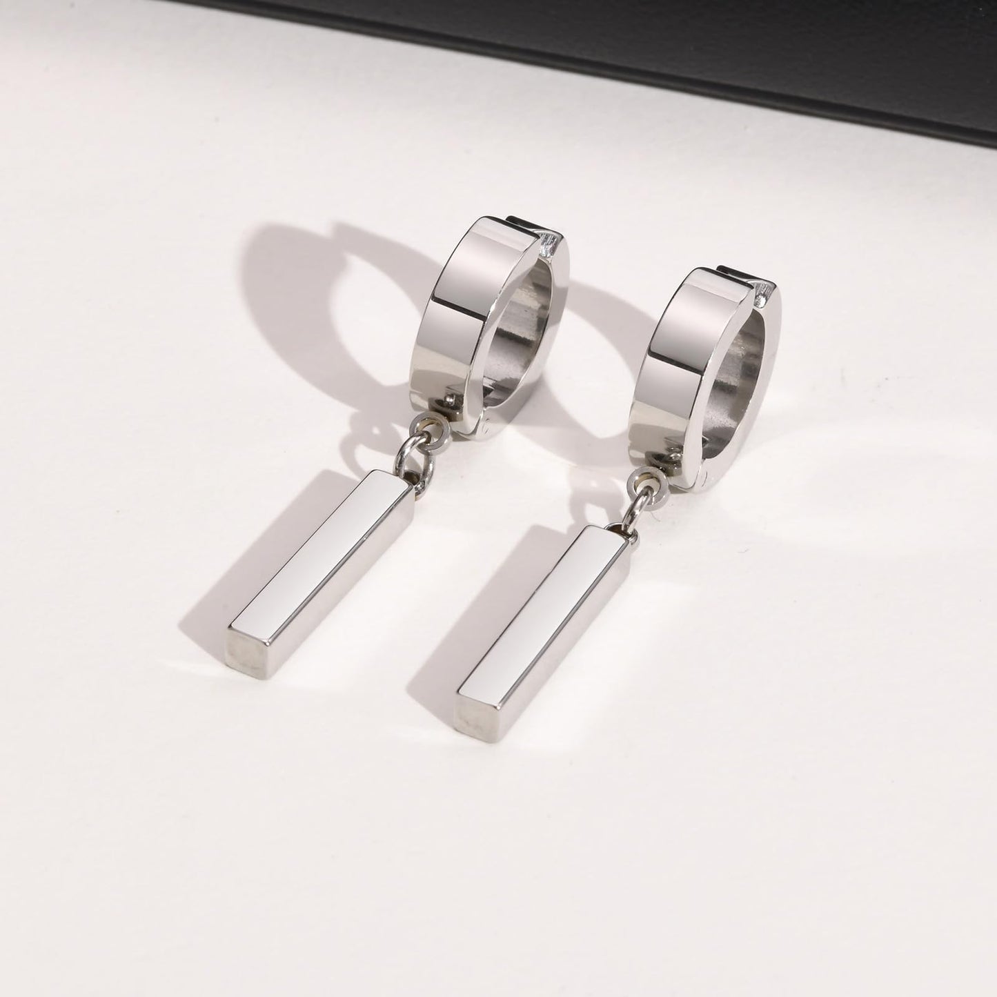 Rockyu メンズ ピアス スティックペンダント リングピアス バーイヤーカフ ブラック＆シルバー ステンレス製