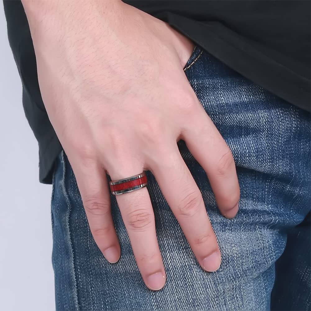 Rockyu タングステンウッドインレイリング メンズ｜8mm幅 シルバー×木目 マット仕上げ