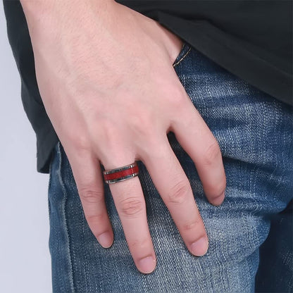 Rockyu タングステンウッドインレイリング メンズ｜8mm幅 シルバー×木目 マット仕上げ