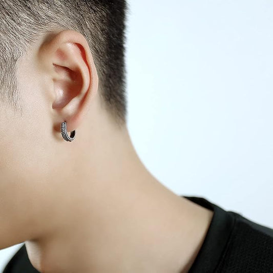 Rockyu ピアス メンズ レディース フープ シルバー 花紋柄 ステンレス製 アレルギー対応 中折れ式