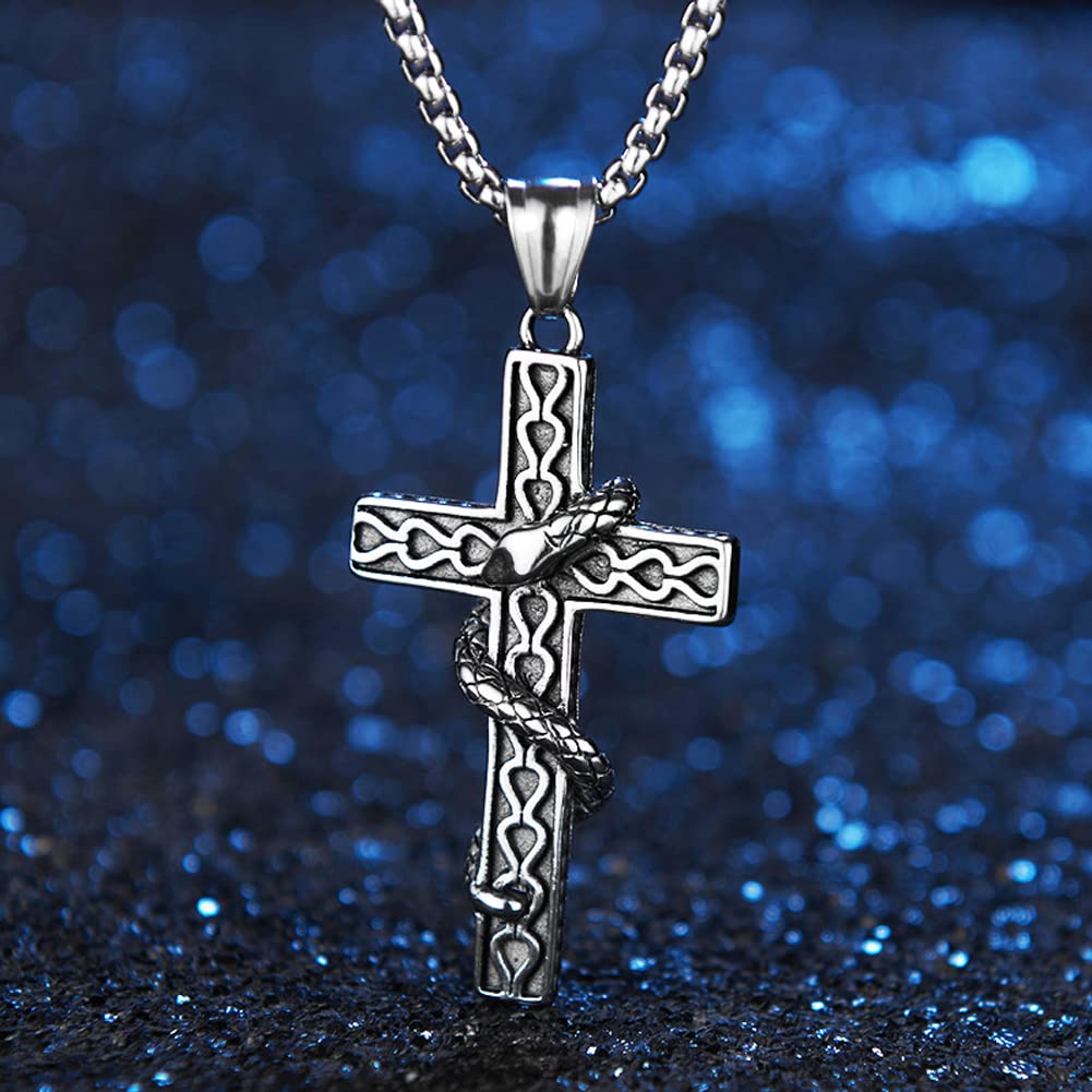Rockyu 十字架-蛇ネックレス メンズ ステンレス製 アンティーククロス×スネークデザイン