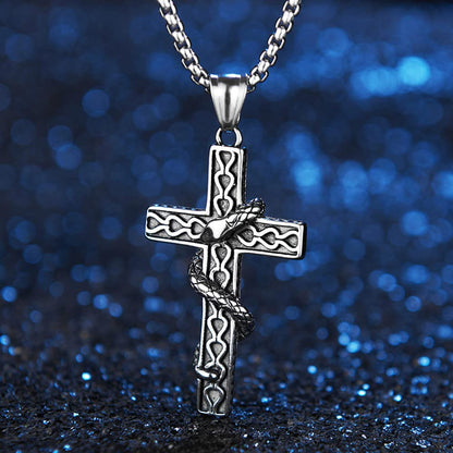 Rockyu 十字架-蛇ネックレス メンズ ステンレス製 アンティーククロス×スネークデザイン