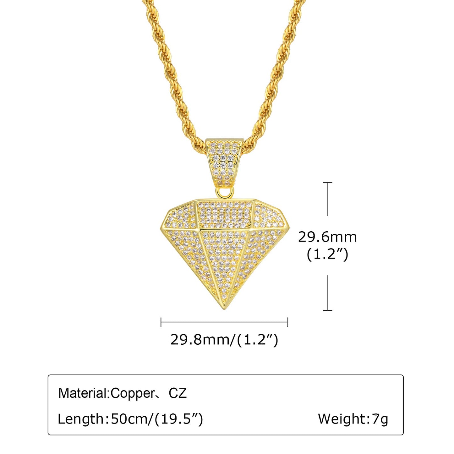 CZダイヤペンダントネックレス｜メンズ ヒップホップ ゴールド ロープチェーン付き