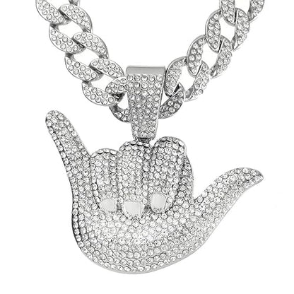 Rockyu ネックレス メンズ ゴールド＆シルバー ハンドシェイプペンダント キューバンチェーン ヒップホップ ダイヤモンド風 45cm