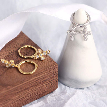 Rockyu ピアス レディース フープ クロス 十字架 ジルコニア 揺れる 上品 ジュエリー