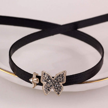 Rockyu 蝶々チョーカー ブラックレザー – 宝石風ブルー＆グレーの選べる輝き