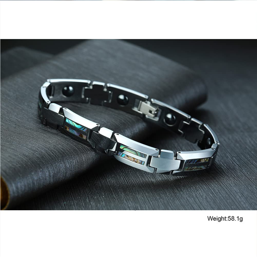 Rockyu タングステン磁気ブレスレット メンズ シルバー・ブルー シェルインレイ 静電気対策 4種天然エレメント搭載