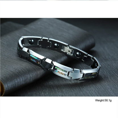 Rockyu タングステン磁気ブレスレット メンズ シルバー・ブルー シェルインレイ 静電気対策 4種天然エレメント搭載