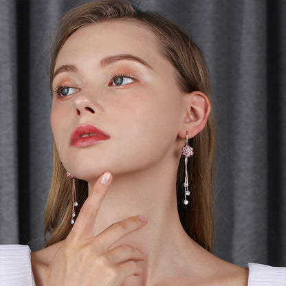 Rockyu ピアス レディース 18金ピンクゴールド フラワーモチーフ 揺れるジルコニアピアス