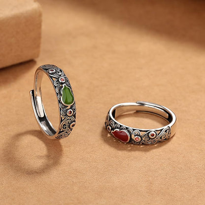 Rockyu ペアリング シルバー925 瓢箪モチーフ 唐草透かし彫りリング 赤/緑 男女兼用 フリーサイズ結婚指輪