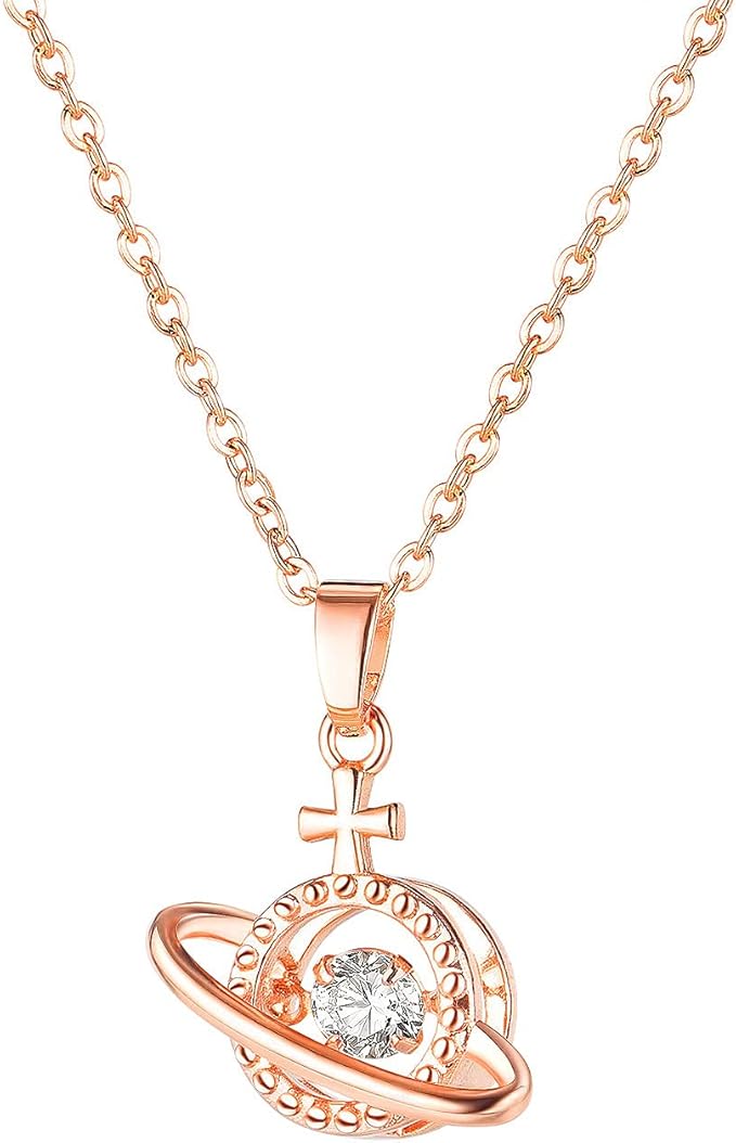 Rockyu ネックレス レディース 惑星モチーフ ピンクゴールド ステンレス キュービックジルコニア 上品 アクセサリー