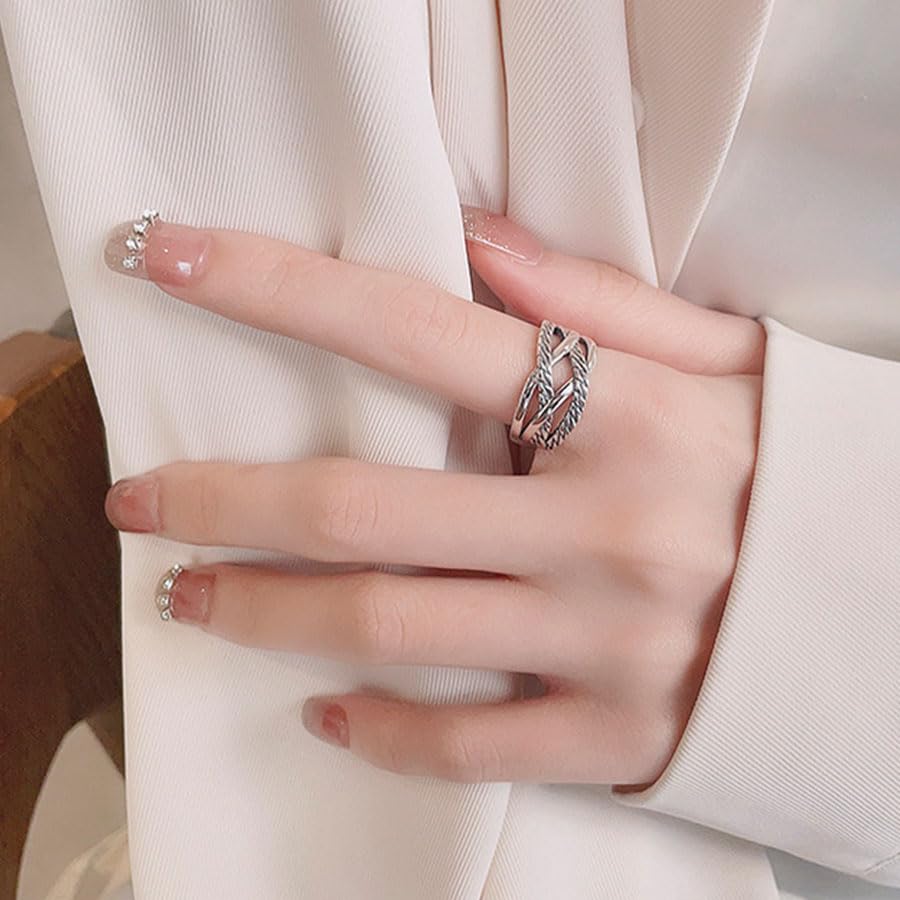 Rockyu 指輪 メンズ レディース シルバー925 太め 2連 幅広リング フリーサイズ 麻花リング クロス 不規則 男女兼用 ハワイアン 誕生日 恋人の日 プレゼント