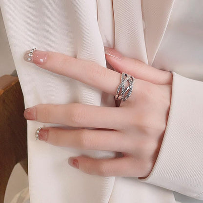 Rockyu 指輪 メンズ レディース シルバー925 太め 2連 幅広リング フリーサイズ 麻花リング クロス 不規則 男女兼用 ハワイアン 誕生日 恋人の日 プレゼント