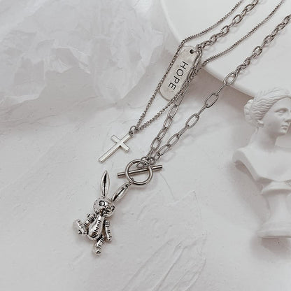 Rockyu レディースネックレス うさぎとくまの二連ロングチェーンペンダント