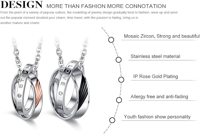 Rockyu 永遠の絆・ステンレススチールペアリングネックレス（LOVE刻印＆ジルコン付き）